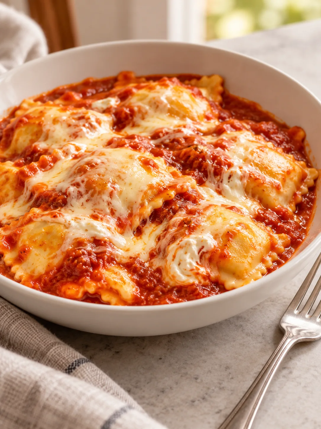 A bowl of creamy cheese ravioli with marinara and melted mozzarella