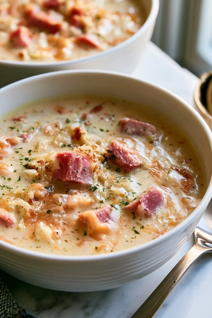 Slow cooker creamy Reuben soup served in a bowl with garnish