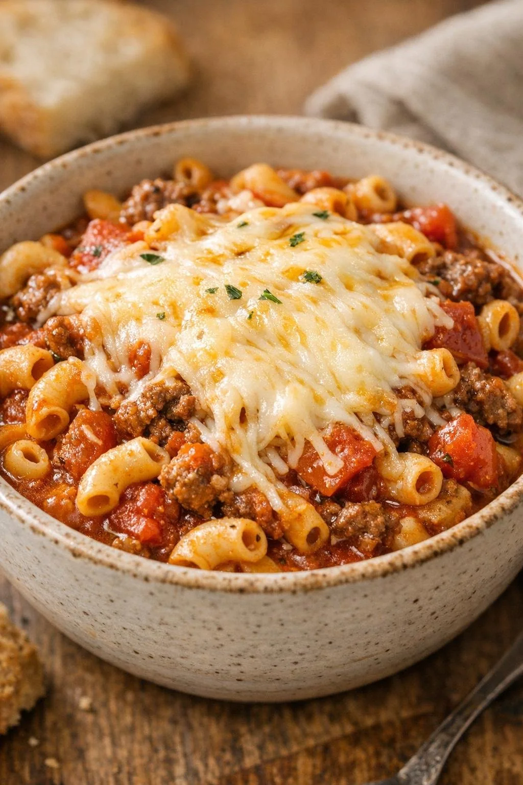 Beef goulash topped with melted shredded cheese