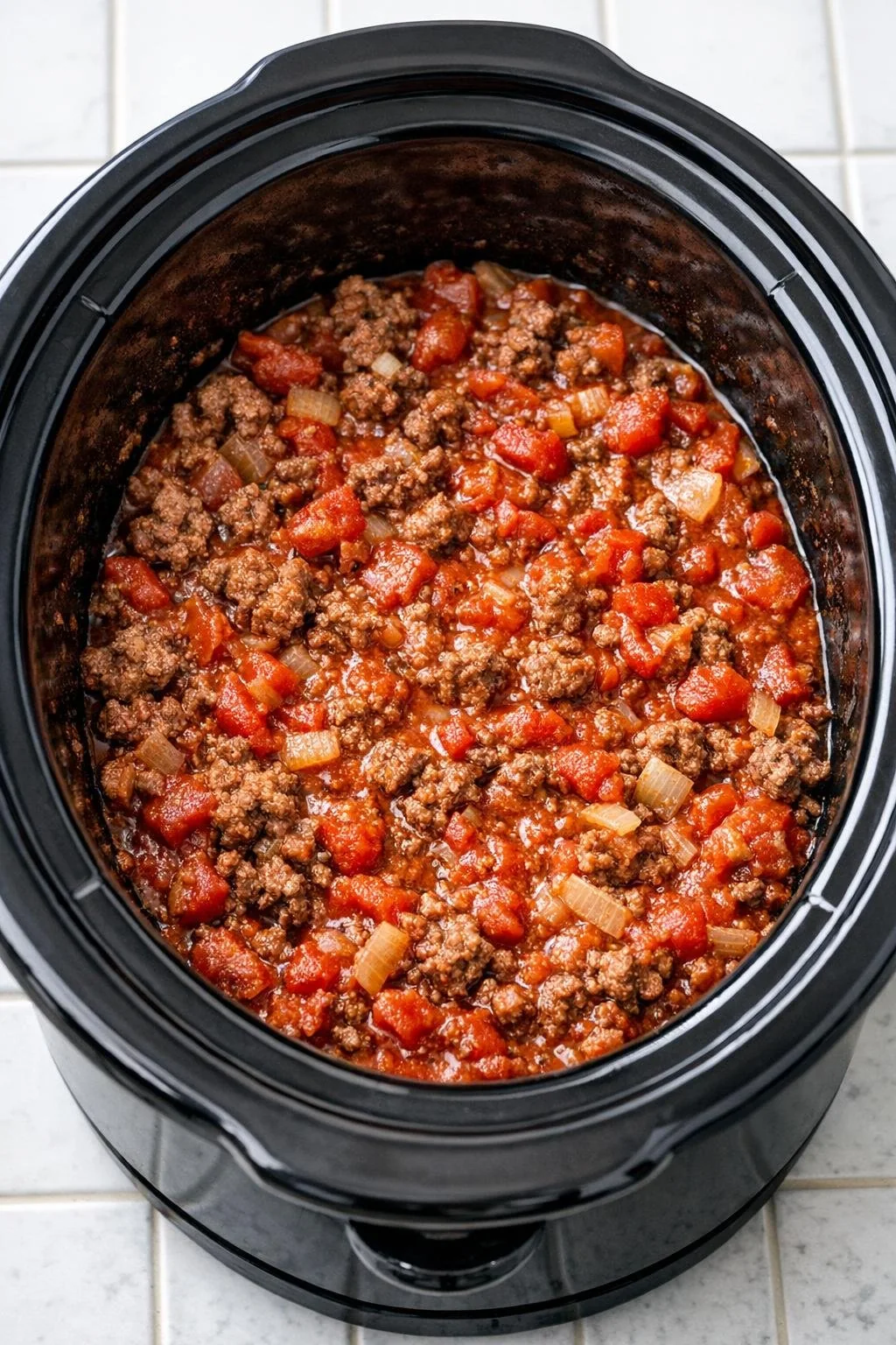 Cooked beef and tomato mixture in the slow cooker