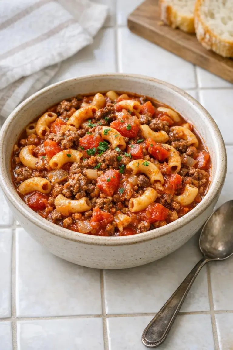 A rustic bowl of slow cooker beef goulash with tomatoes and elbow macaroni