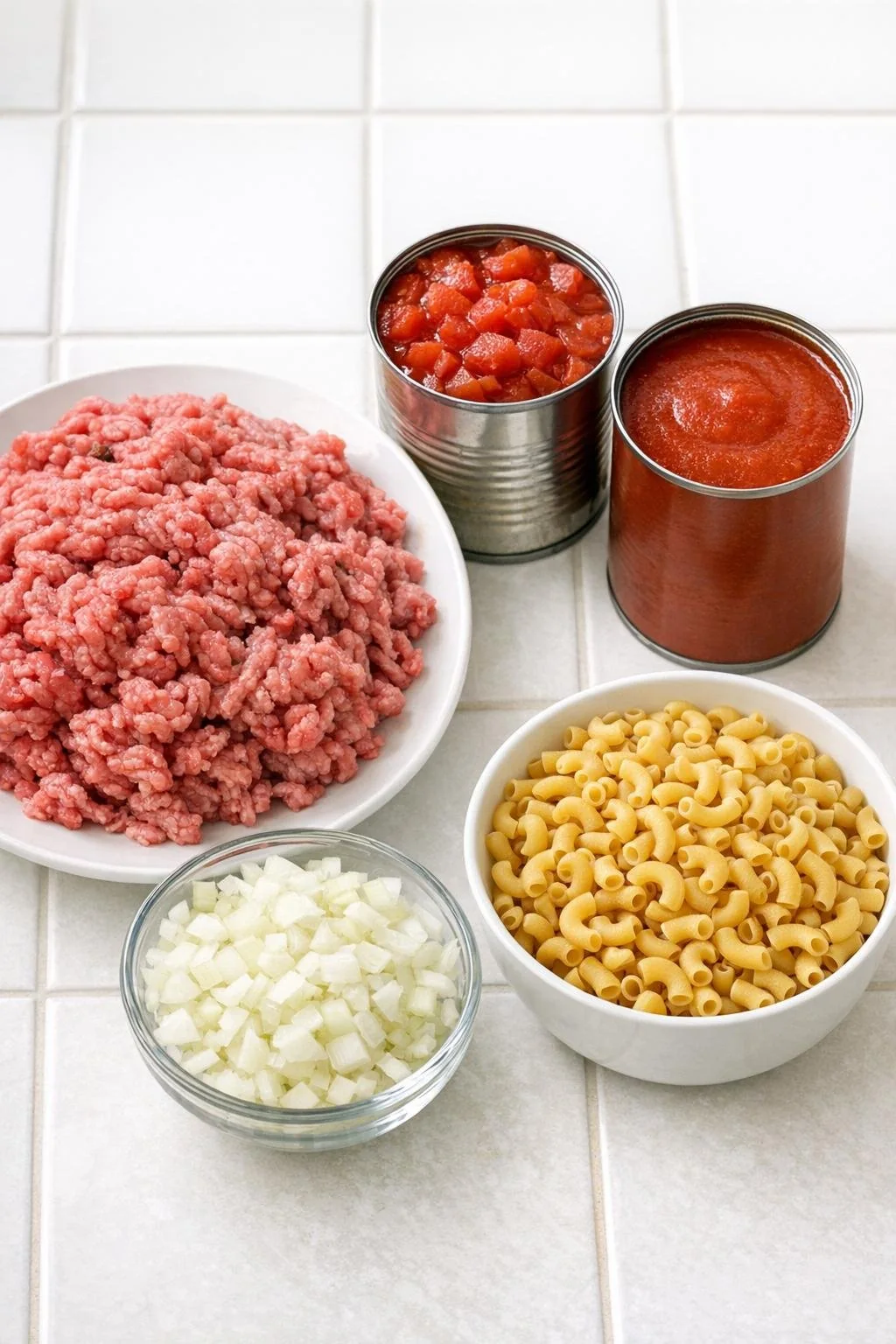 Ground beef, diced tomatoes, tomato sauce, onion, and elbow macaroni