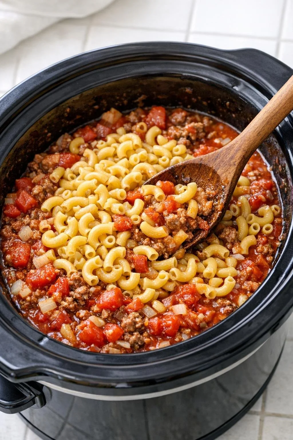 Elbow macaroni stirred into hot beef and tomato sauce