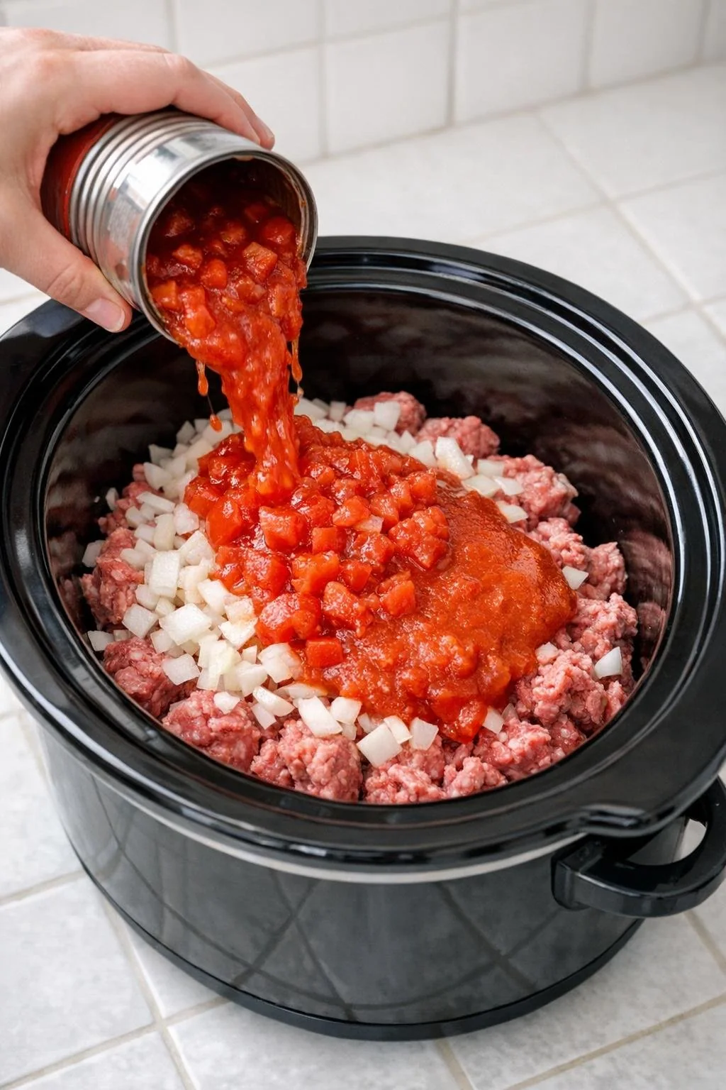 Ground beef, onion, and tomatoes layered in a slow cooker