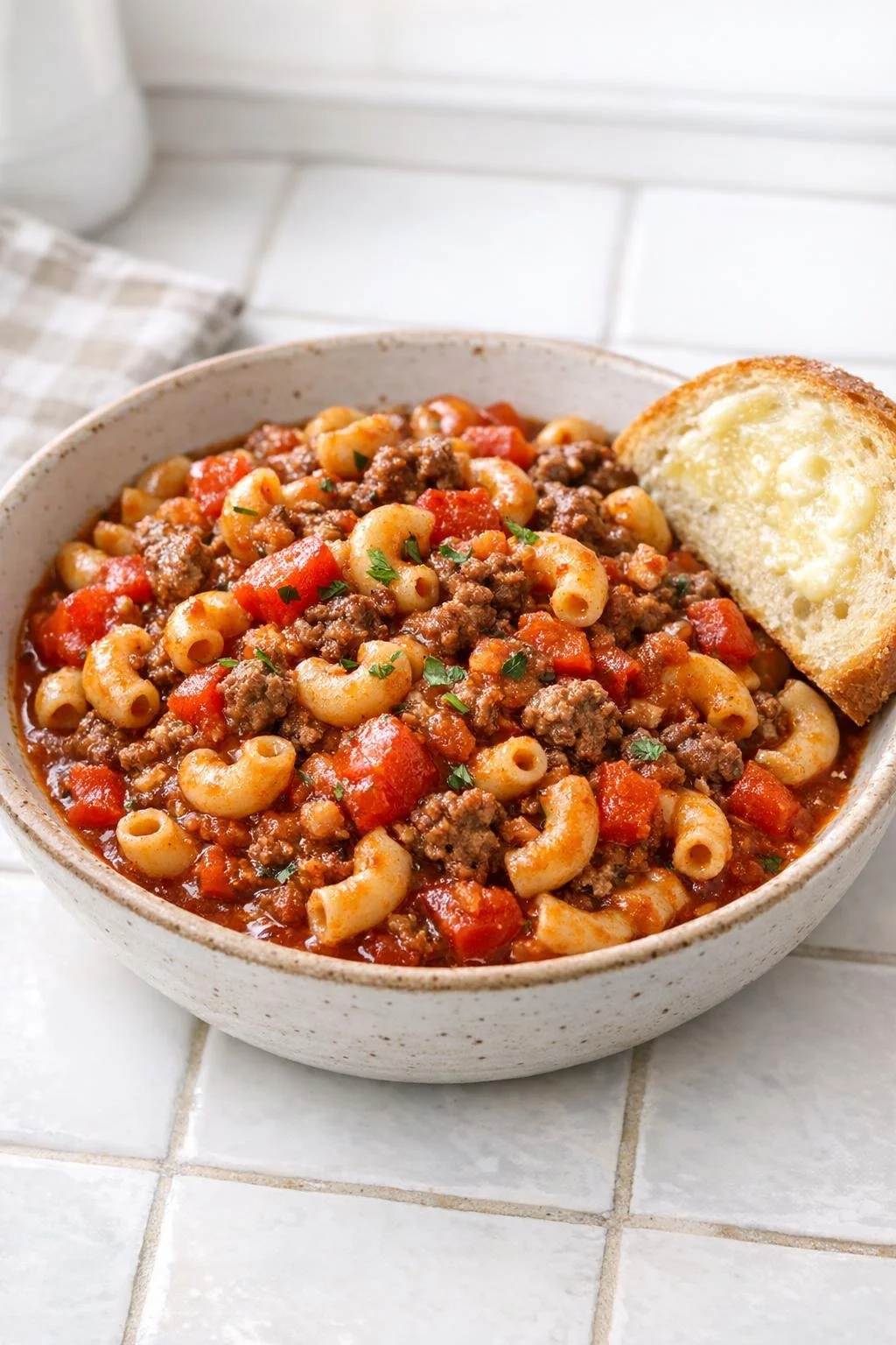 A bowl of slow cooker beef goulash served with bread