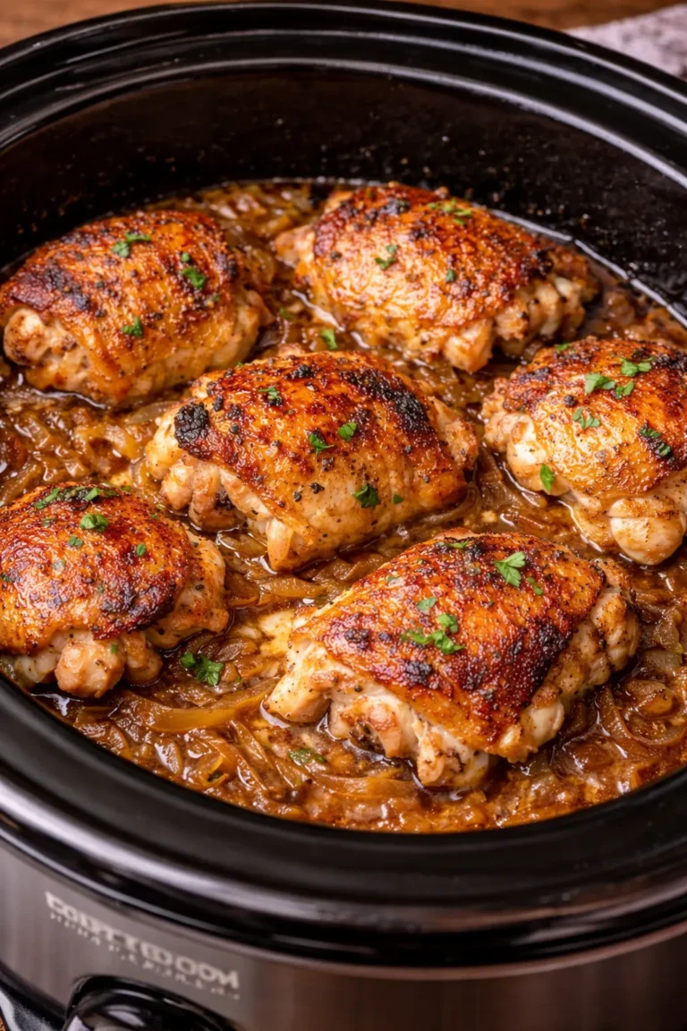 A vertical, close-up shot of six bone-in chicken thighs cooking in a black slow cooker. The chicken has a deep, golden-brown crispy skin and is nestled in a bed of rich, jammy caramelized onions and savory broth. Each thigh is garnished with a pinch of fresh green parsley.