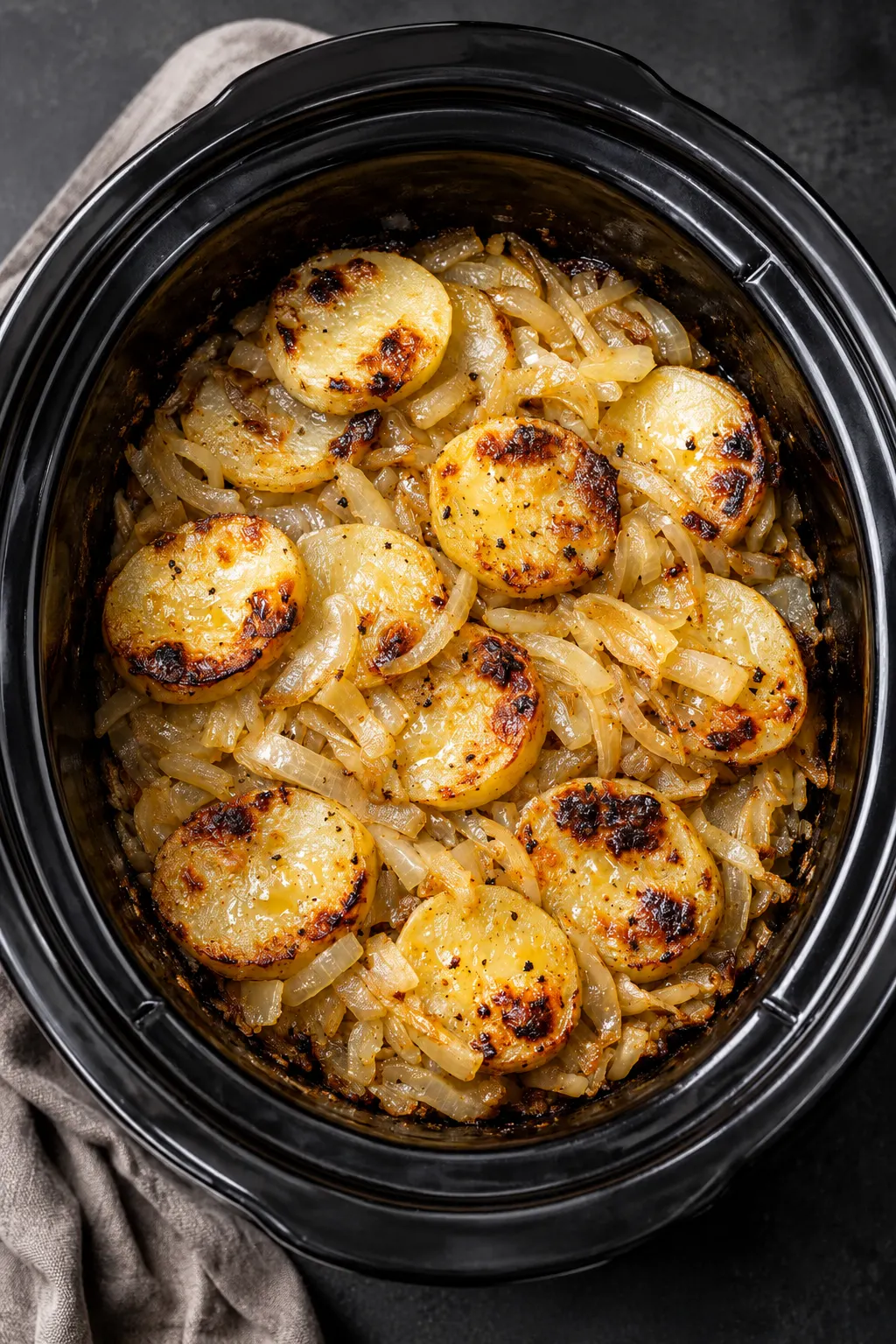 Slow cooker French onion potatoes with caramelized onions and melted cheese