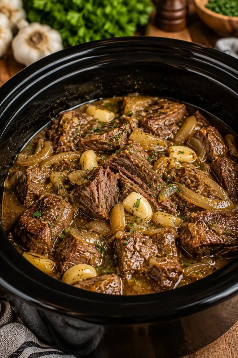 Delicious slow cooker garlic butter beef bites served on a platter.