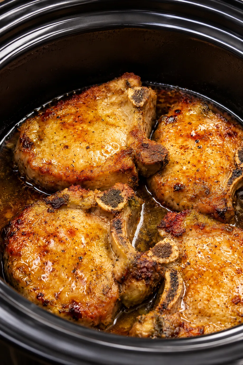 Slow cooker garlic butter pork chops cooked until tender in a rich buttery sauce