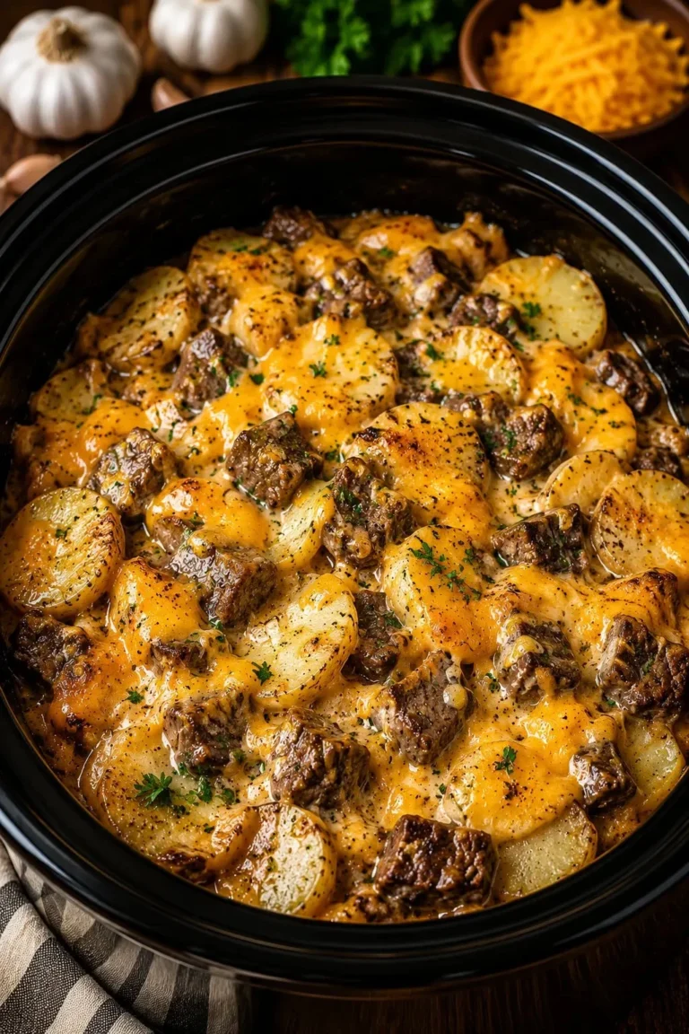 Slow cooker garlic butter steak served with cheddar potato casserole