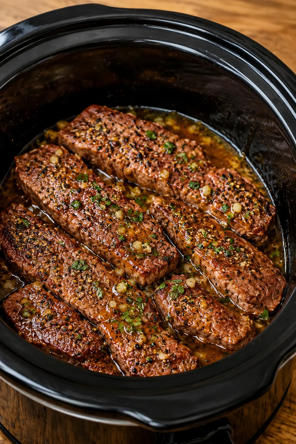 Slow cooker garlic butter steak strips cooked in rich buttery garlic sauce