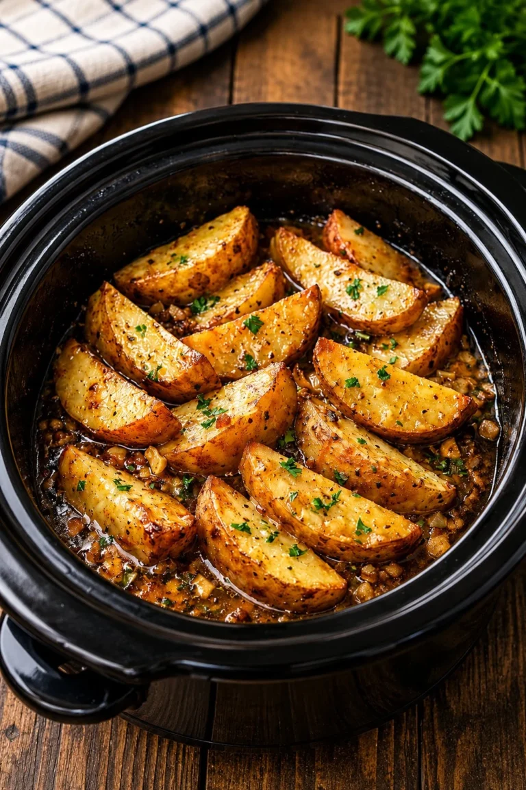 Delicious slow cooker garlic herb potatoes garnished with fresh herbs