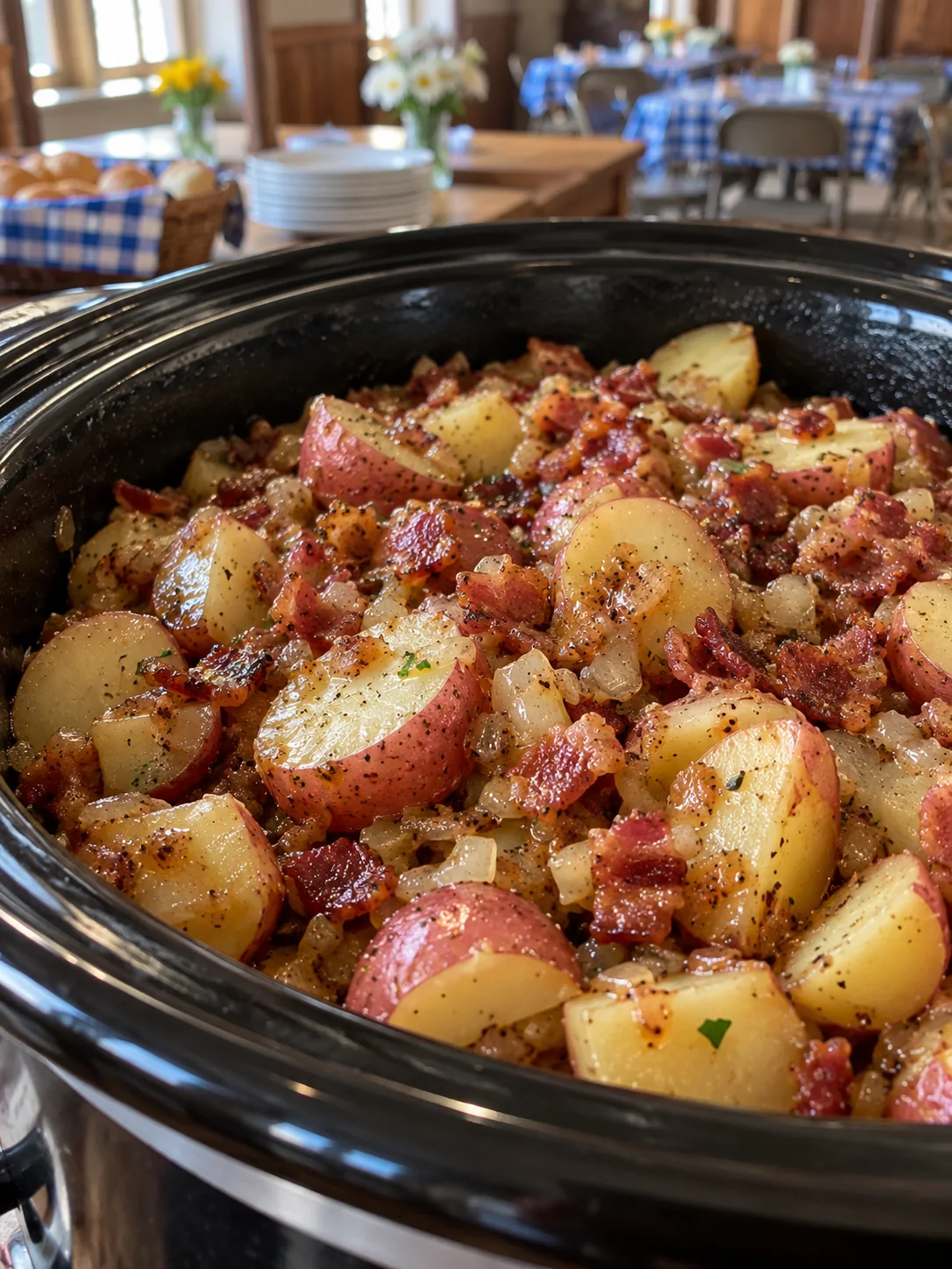 Warm German potato salad with bacon in a slow cooker