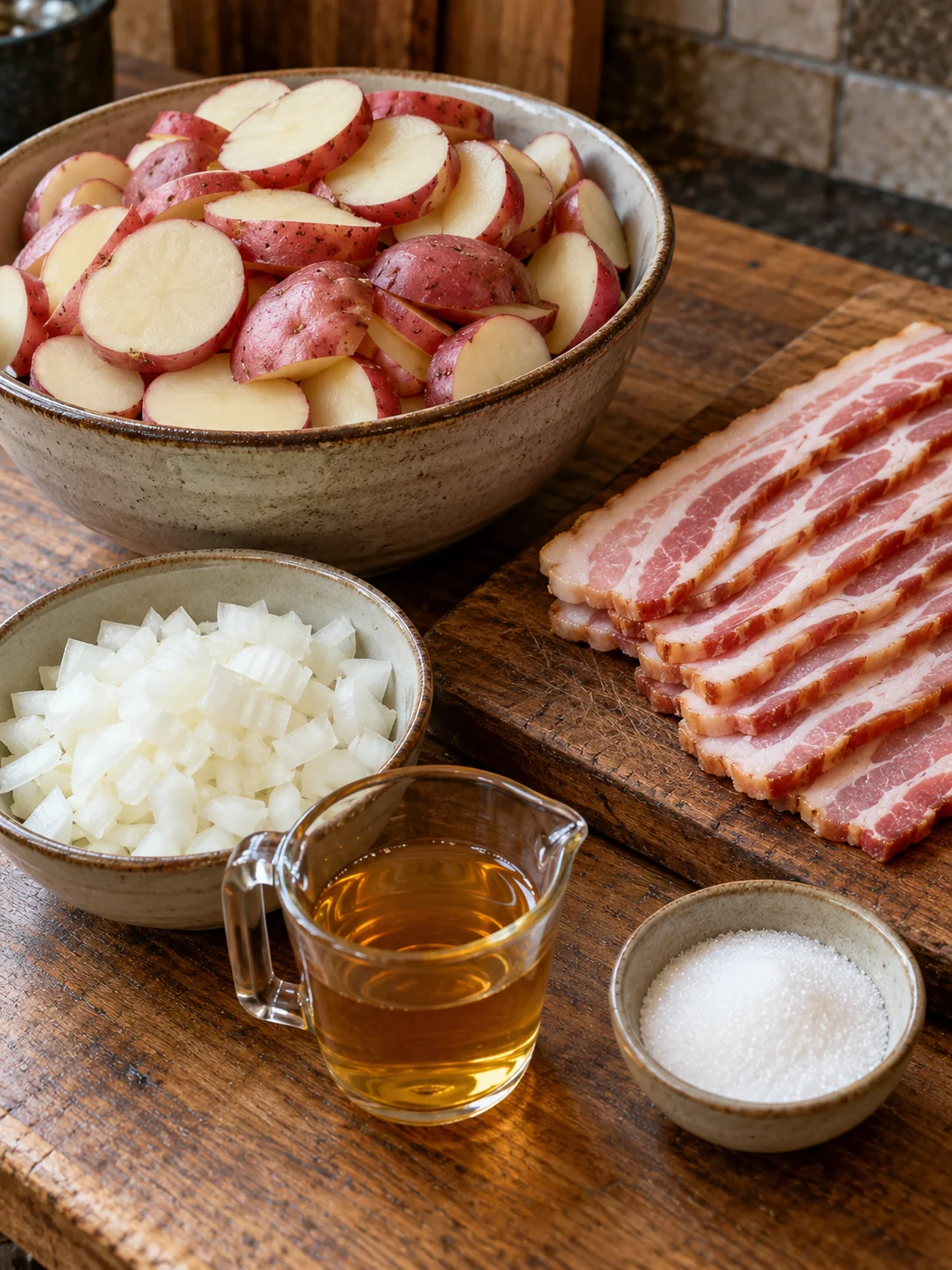 Red potatoes, bacon, onion, apple cider vinegar and sugar for German potato salad