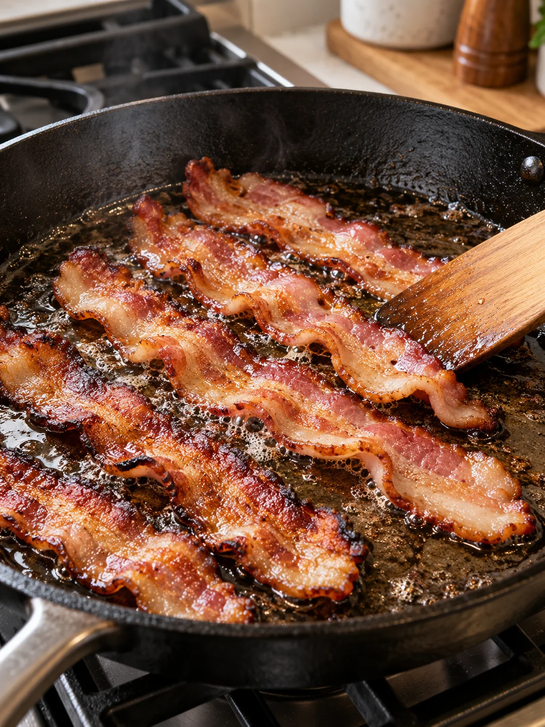 Thick-cut bacon cooking until crisp in a skillet