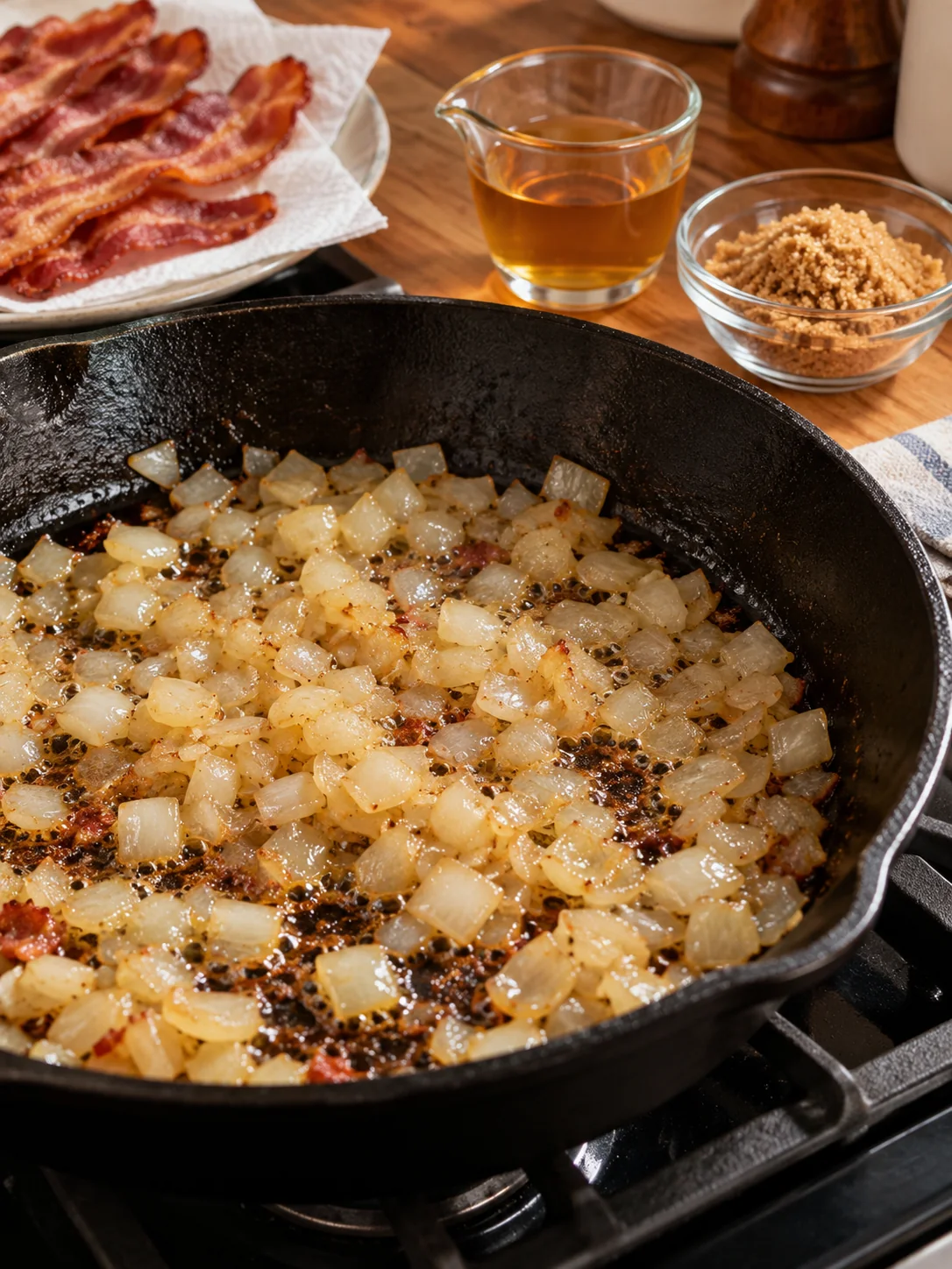 Chopped onion softening in bacon drippings for the warm dressing
