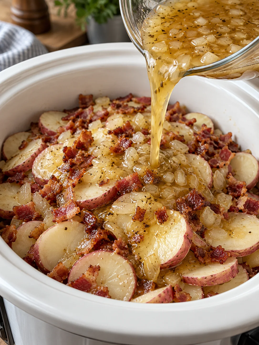 Sliced red potatoes layered with bacon and onion dressing in the slow cooker