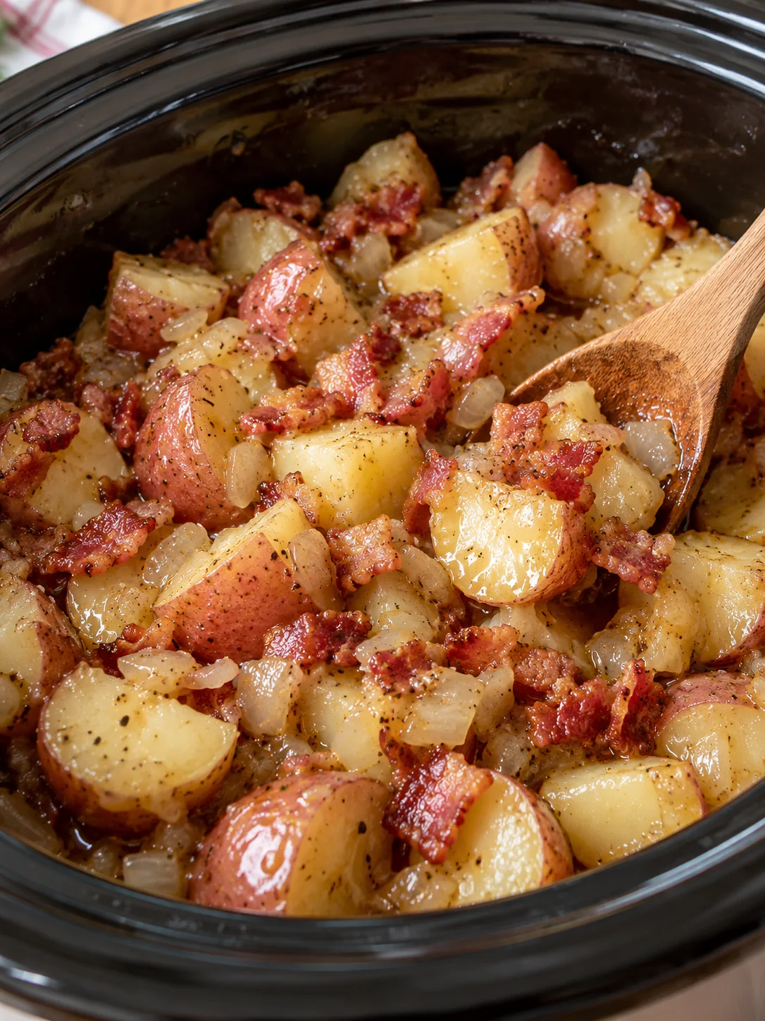 Tender German potato salad in the slow cooker after cooking