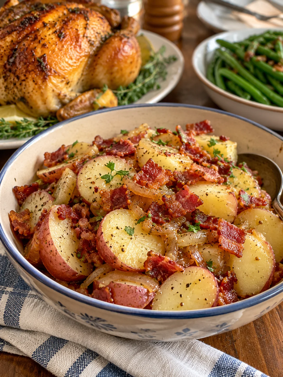 Warm German potato salad served beside supper dishes