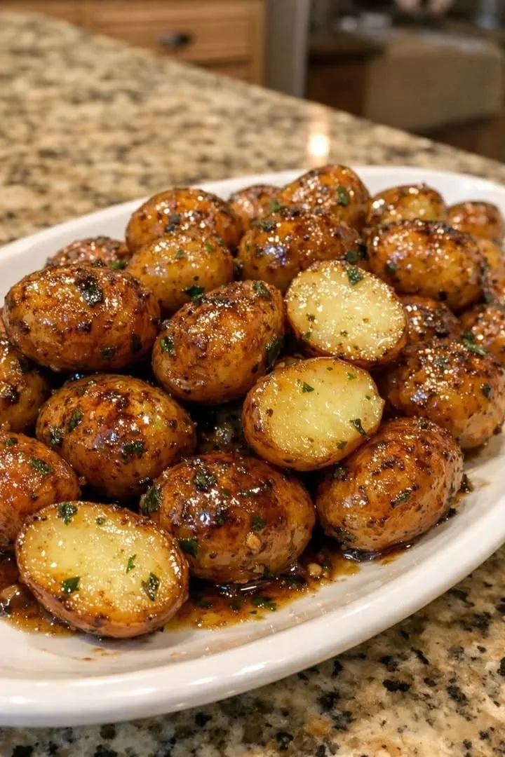 Slow Cooker Glazed Herb Baby Potatoes coated in a buttery garlic herb glaze and served as a flavorful side dish.