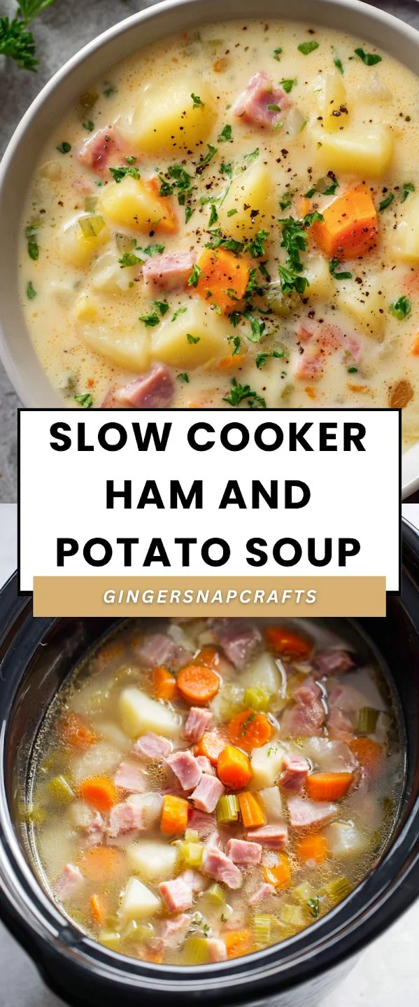 A bowl of slow cooker ham and potato soup garnished with herbs.