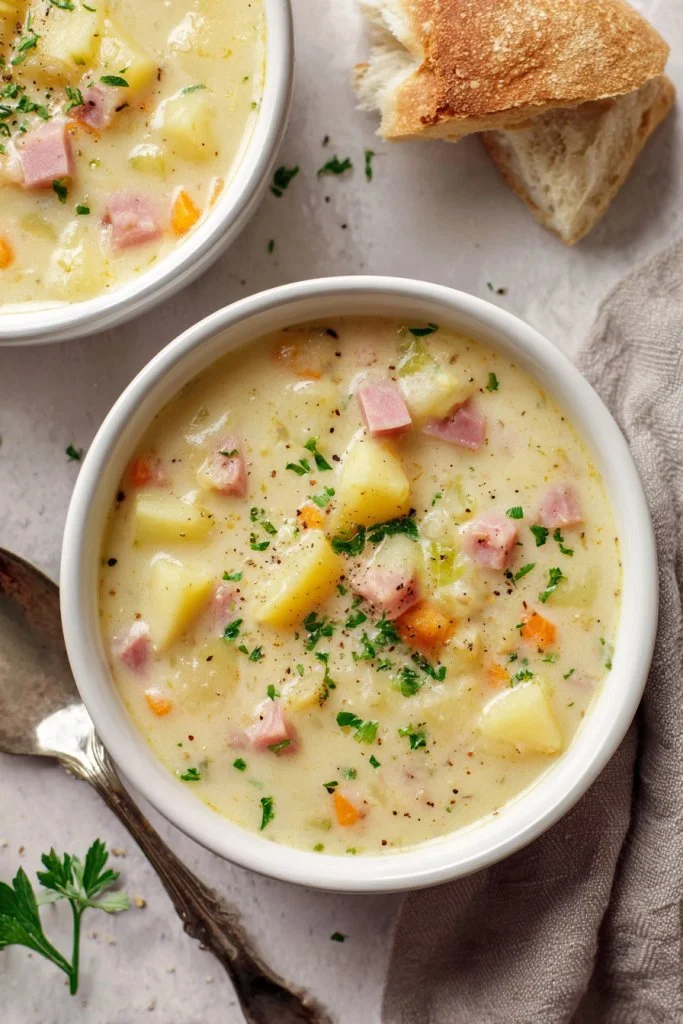 Delicious slow cooker ham and potato soup with creamy potatoes and vegetables