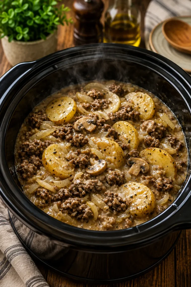 A hearty bowl of creamy slow cooker hamburger potato stew made with seasoned ground beef, tender Yukon Gold potatoes, mushrooms, onions, and a rich cheesy broth, served hot in a black crockpot.