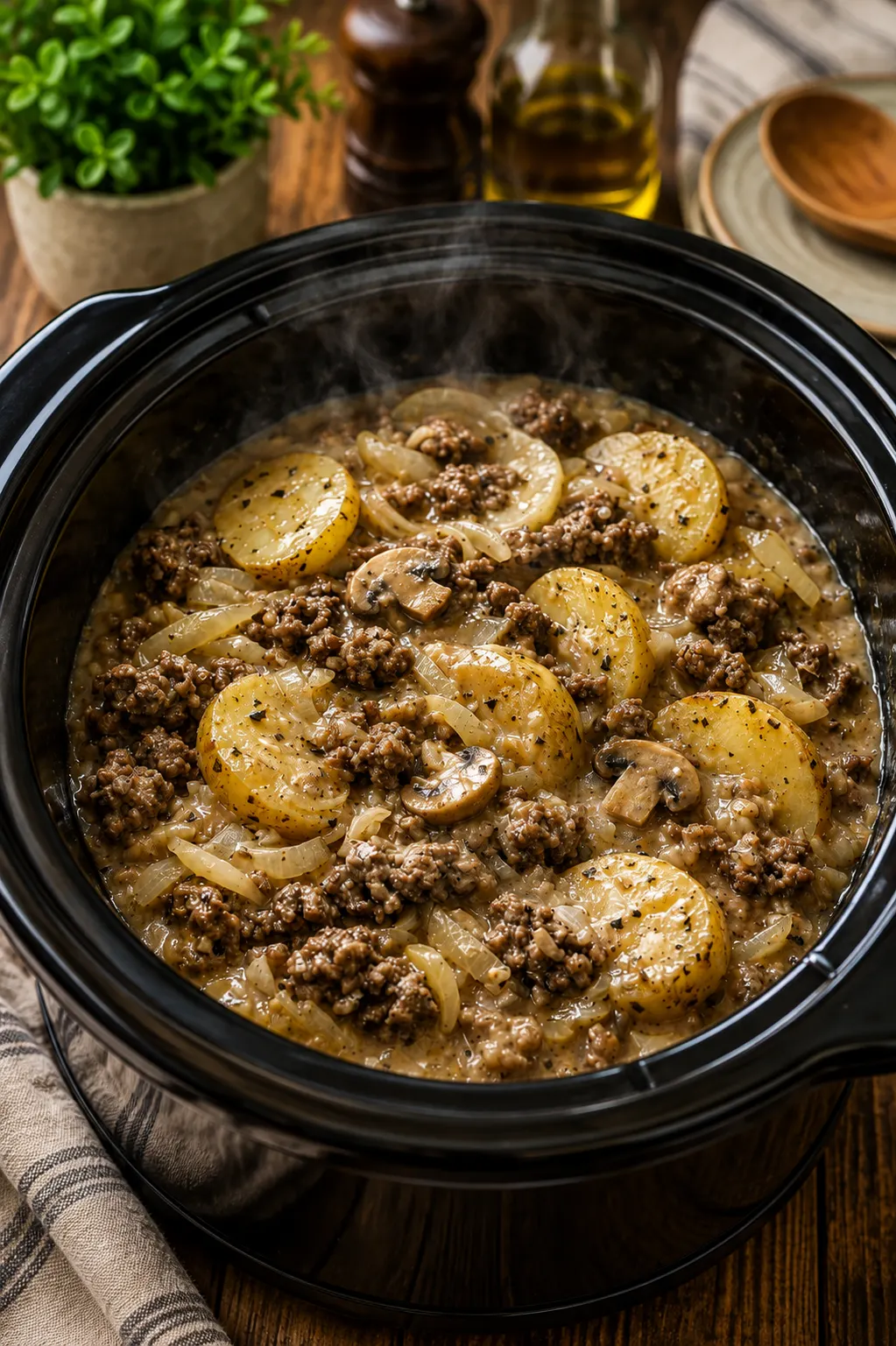 A hearty bowl of creamy slow cooker hamburger potato stew made with seasoned ground beef, tender Yukon Gold potatoes, mushrooms, onions, and a rich cheesy broth, served hot in a black crockpot.