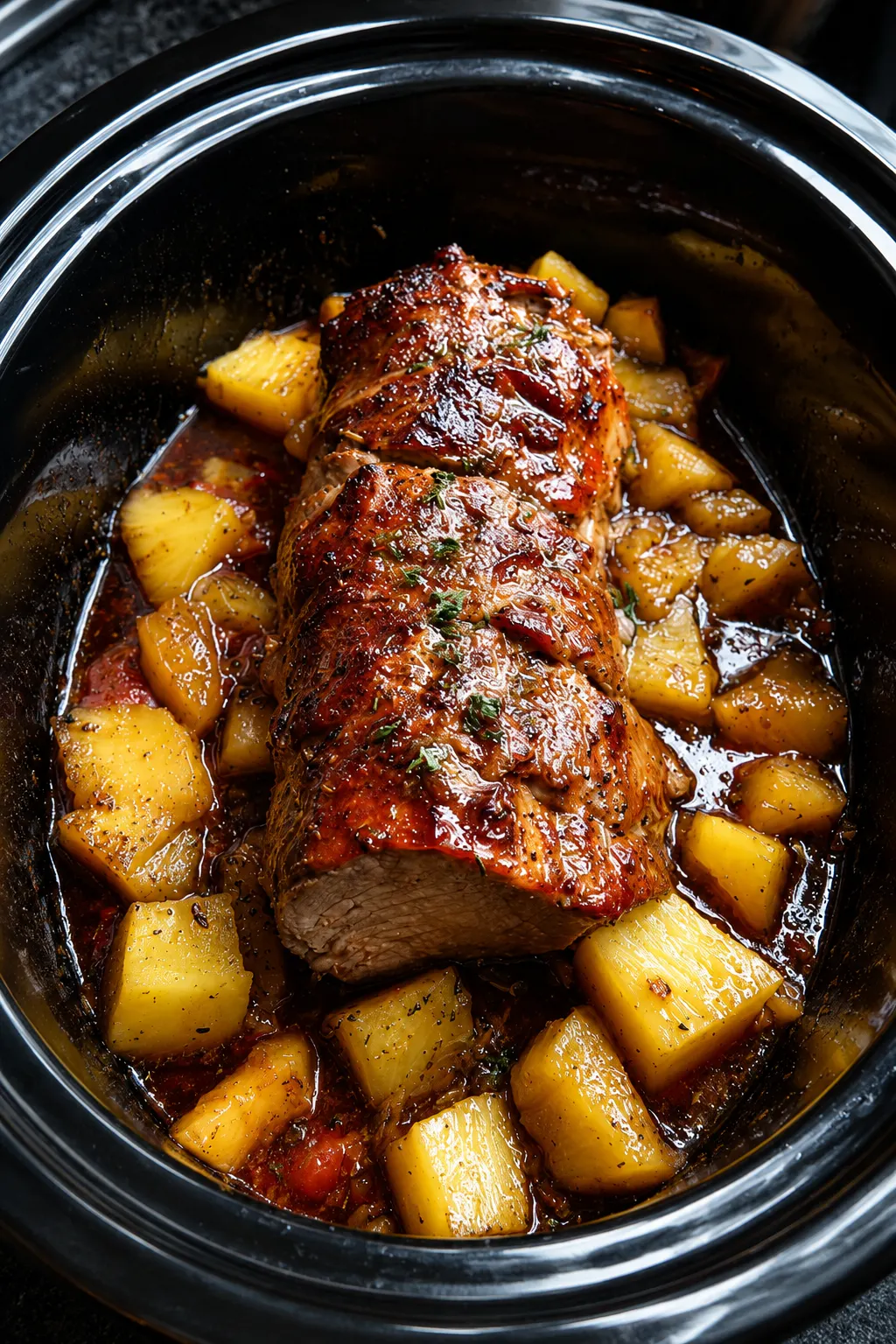 Slow Cooker Hawaiian Pork Tenderloin with pineapple chunks and sweet savory glaze