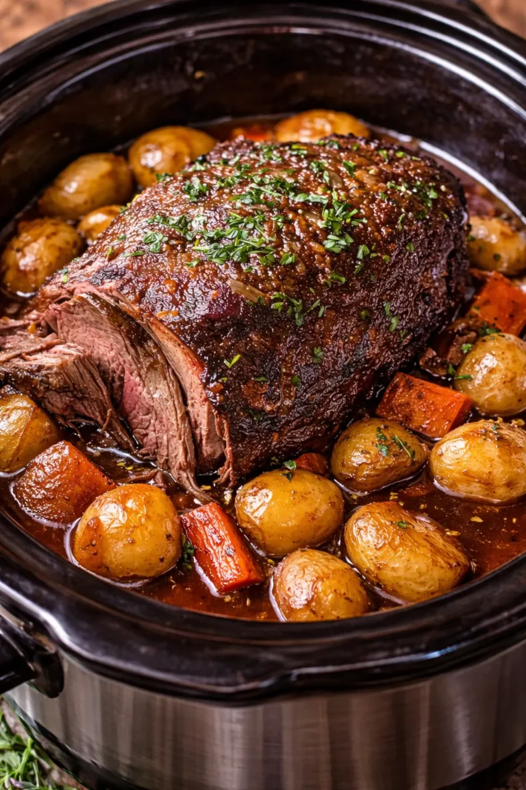 A vertical, close-up shot of a tender beef pot roast in a stainless steel slow cooker. The roast is surrounded by whole baby gold potatoes and thick-cut carrots, all submerged in a rich, dark herb-infused gravy. Freshly chopped parsley is sprinkled over the top of the succulent, dark-brown meat.
