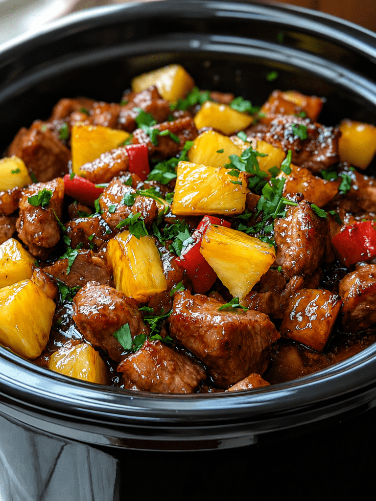 Slow Cooker Hoisin Pork with pineapple chunks and bell peppers in a crockpot