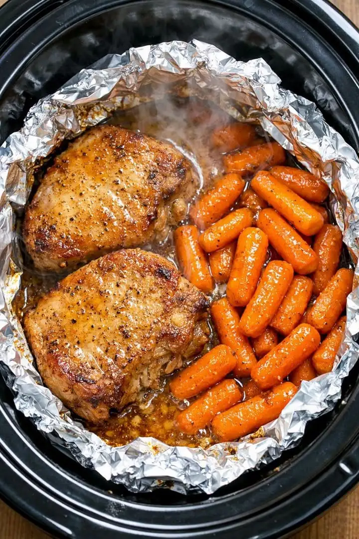 Slow cooker honey garlic pork chops served with tender carrots in a rich savory sauce