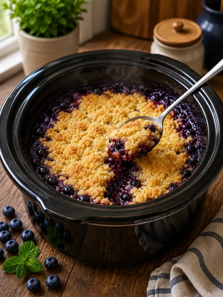 A warm slow cooker lemon blueberry dump cake with a golden buttery topping and juicy blueberry filling, served fresh from the crockpot.