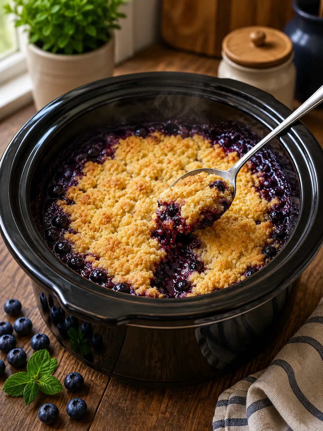 A warm slow cooker lemon blueberry dump cake with a golden buttery topping and juicy blueberry filling, served fresh from the crockpot.