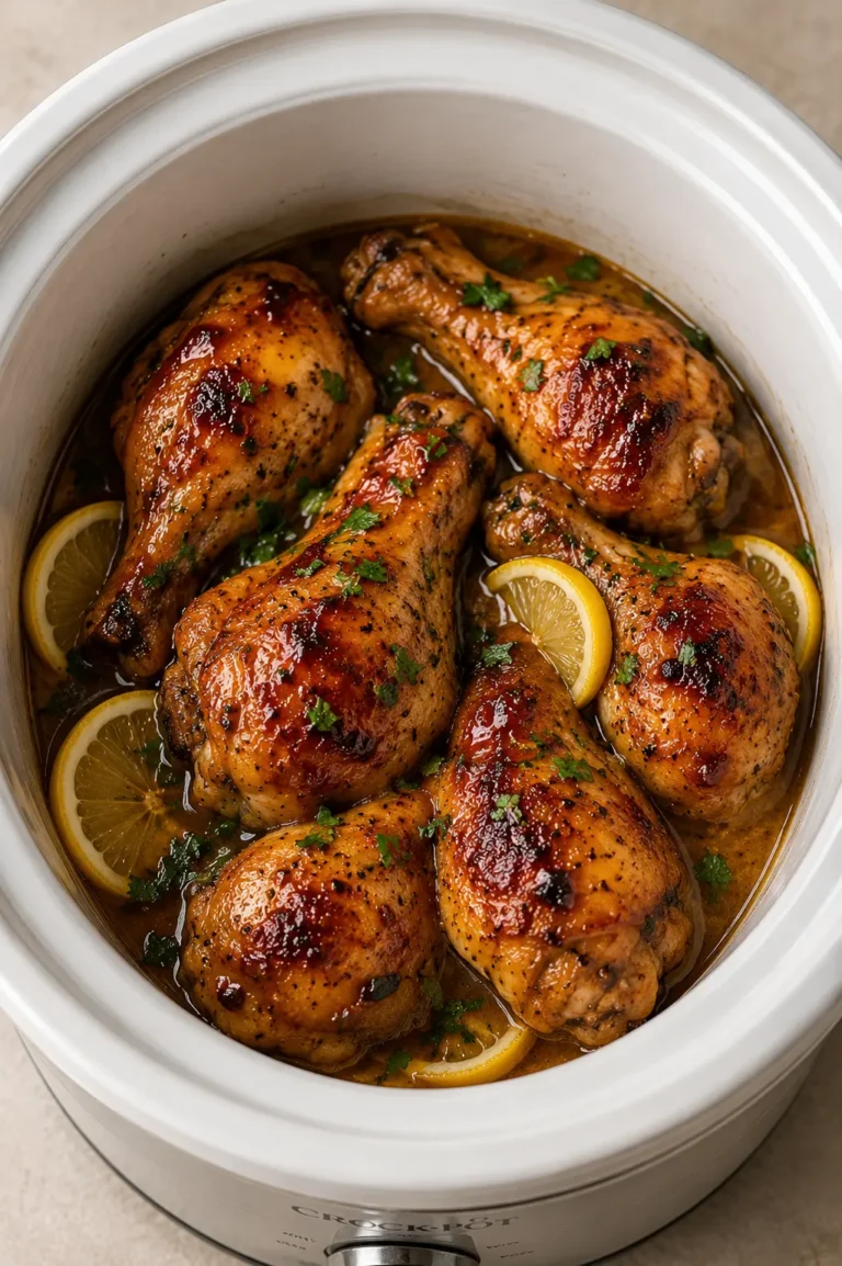 Slow cooker lemon garlic chicken drumsticks with buttery sauce and fresh lemon slices