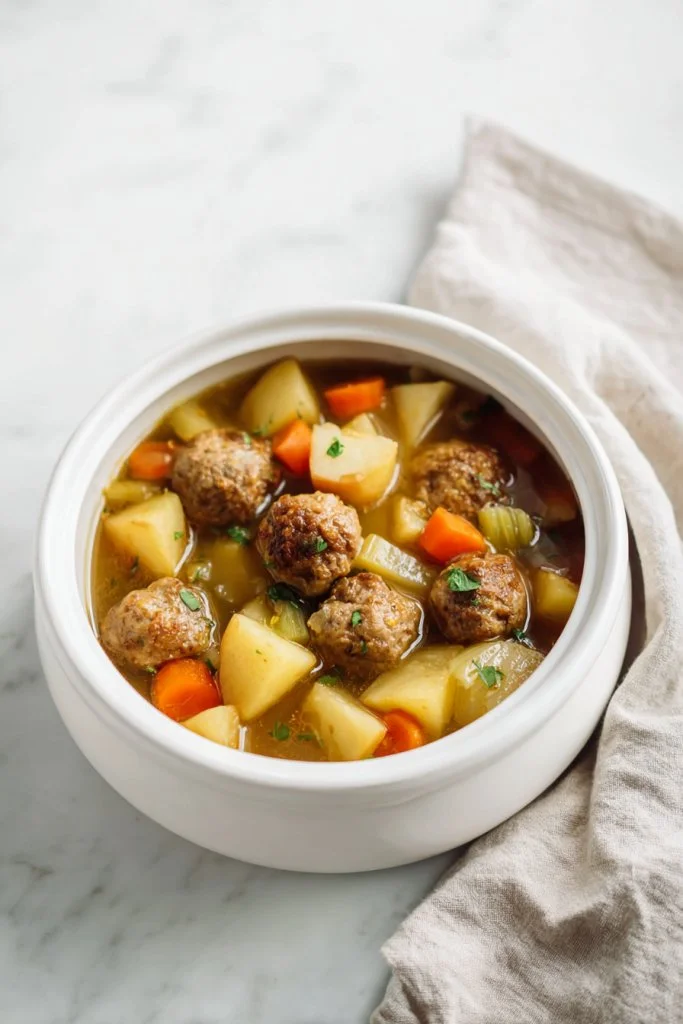 Slow cooker meatball stew with vegetables and rich broth