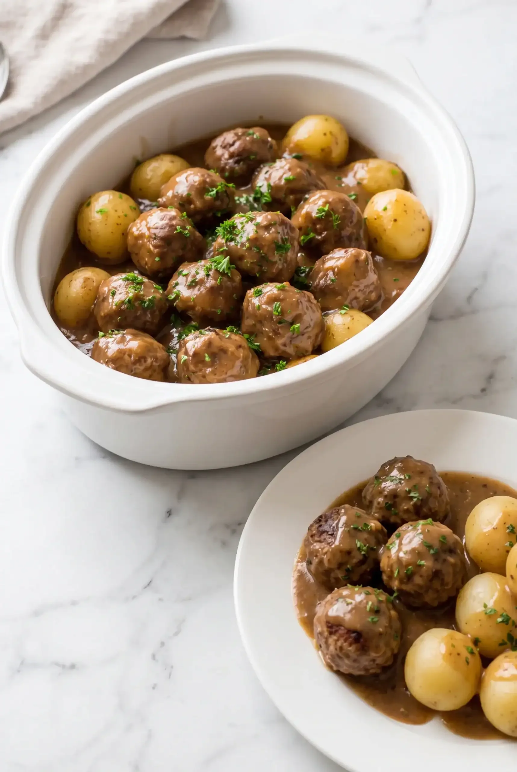 Slow cooker meatballs and potatoes coated in creamy brown gravy