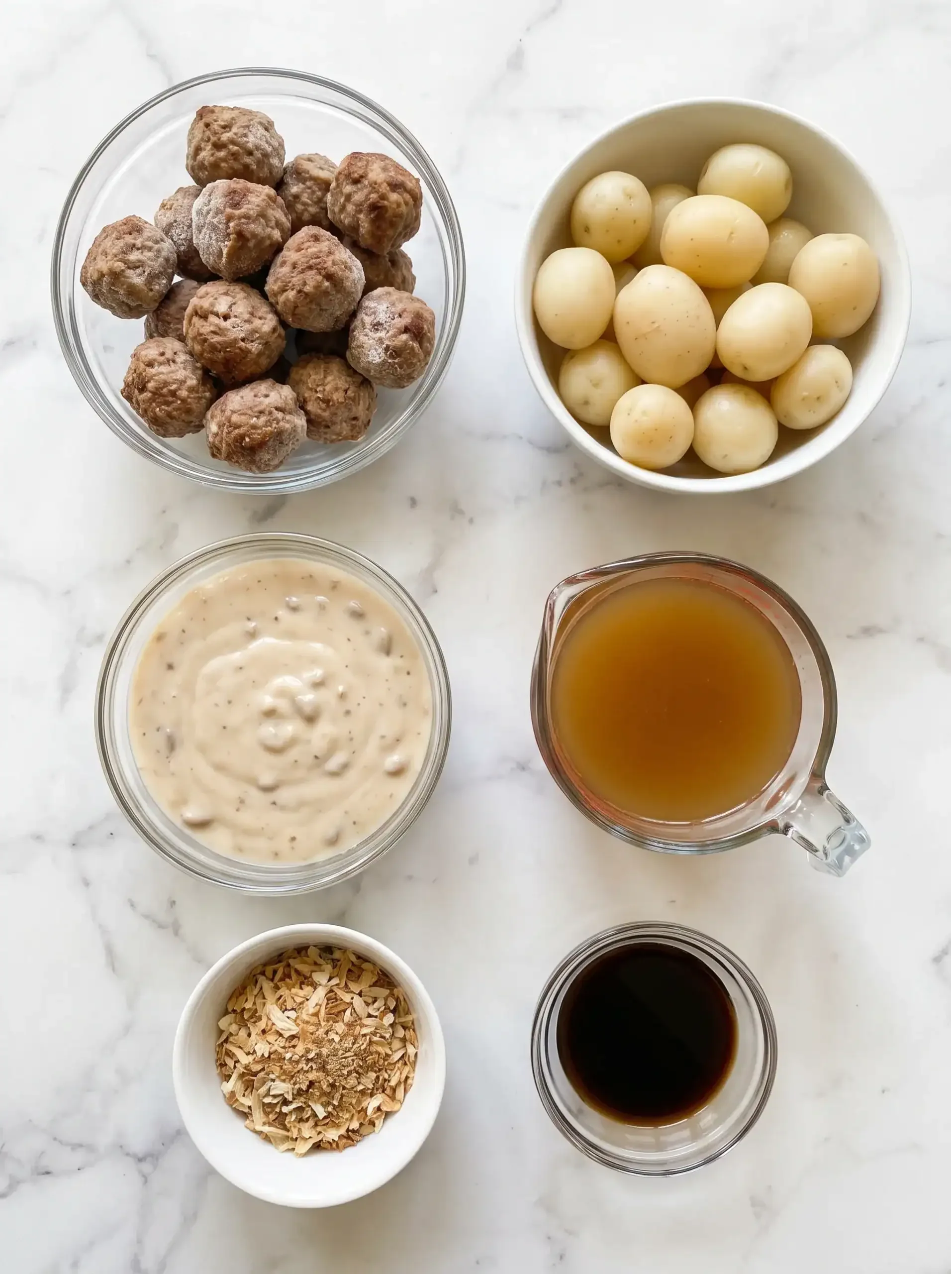 Ingredients for slow cooker meatballs and potatoes in gravy