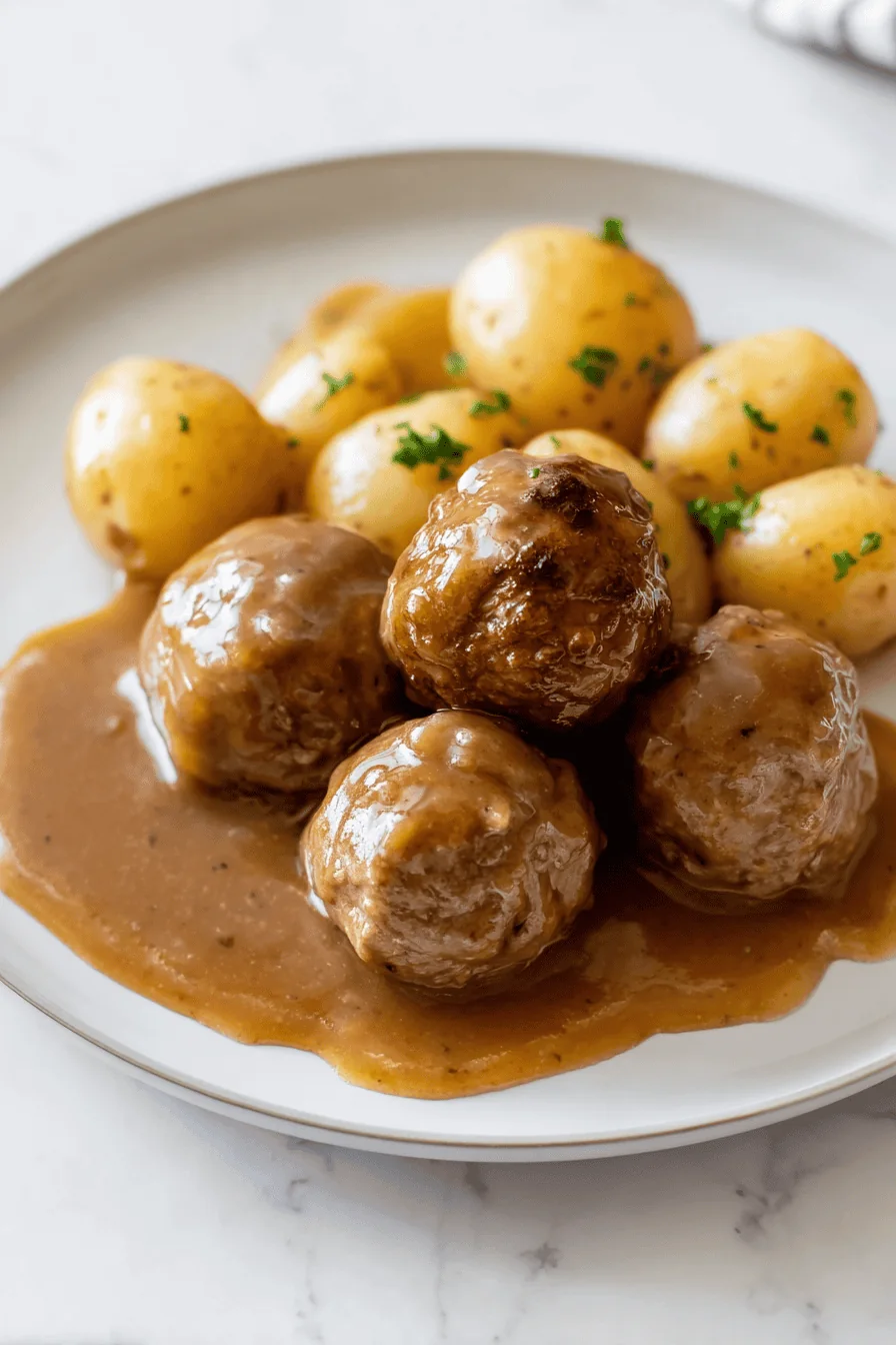 Serving of meatballs and potatoes covered in gravy