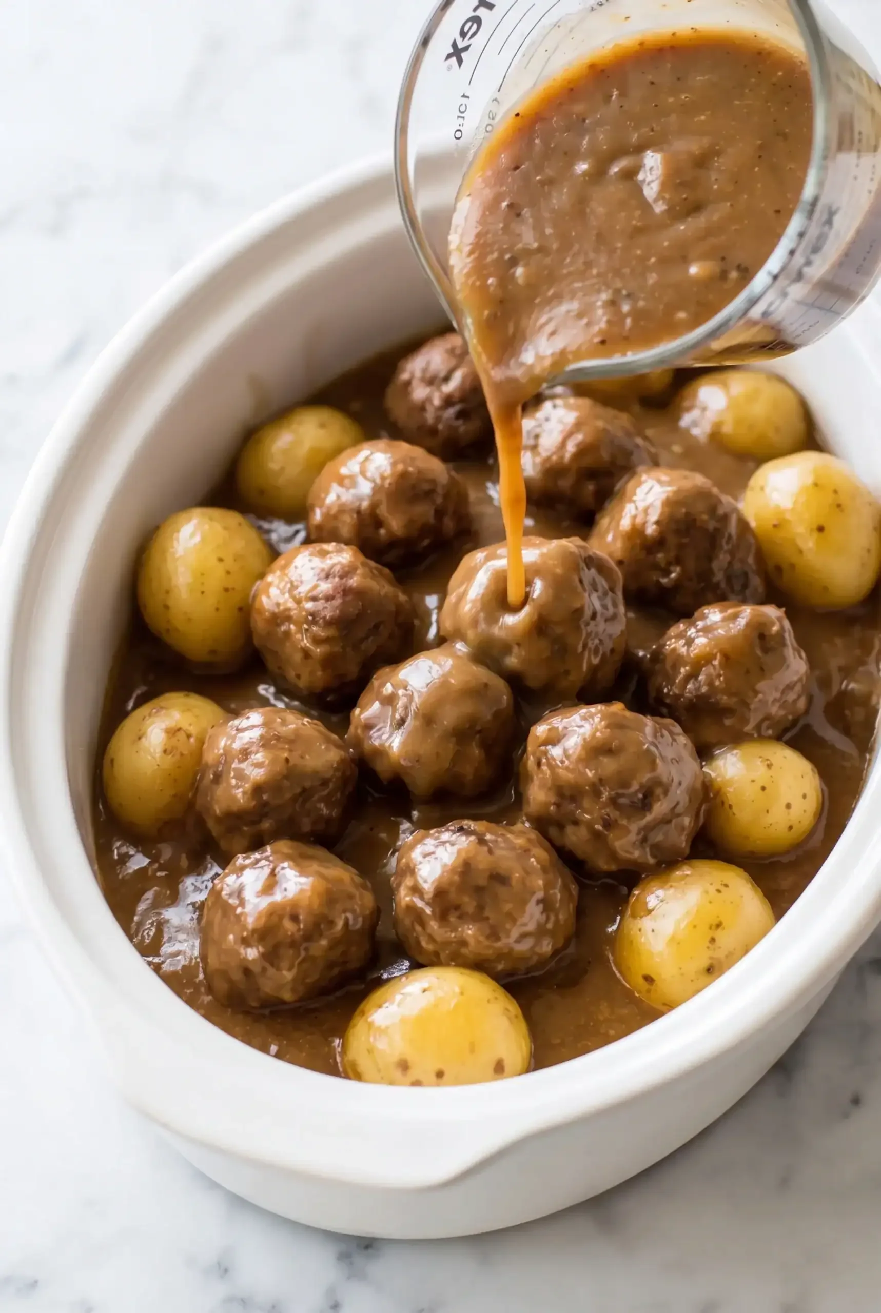 Pouring savory gravy over meatballs and potatoes in the slow cooker