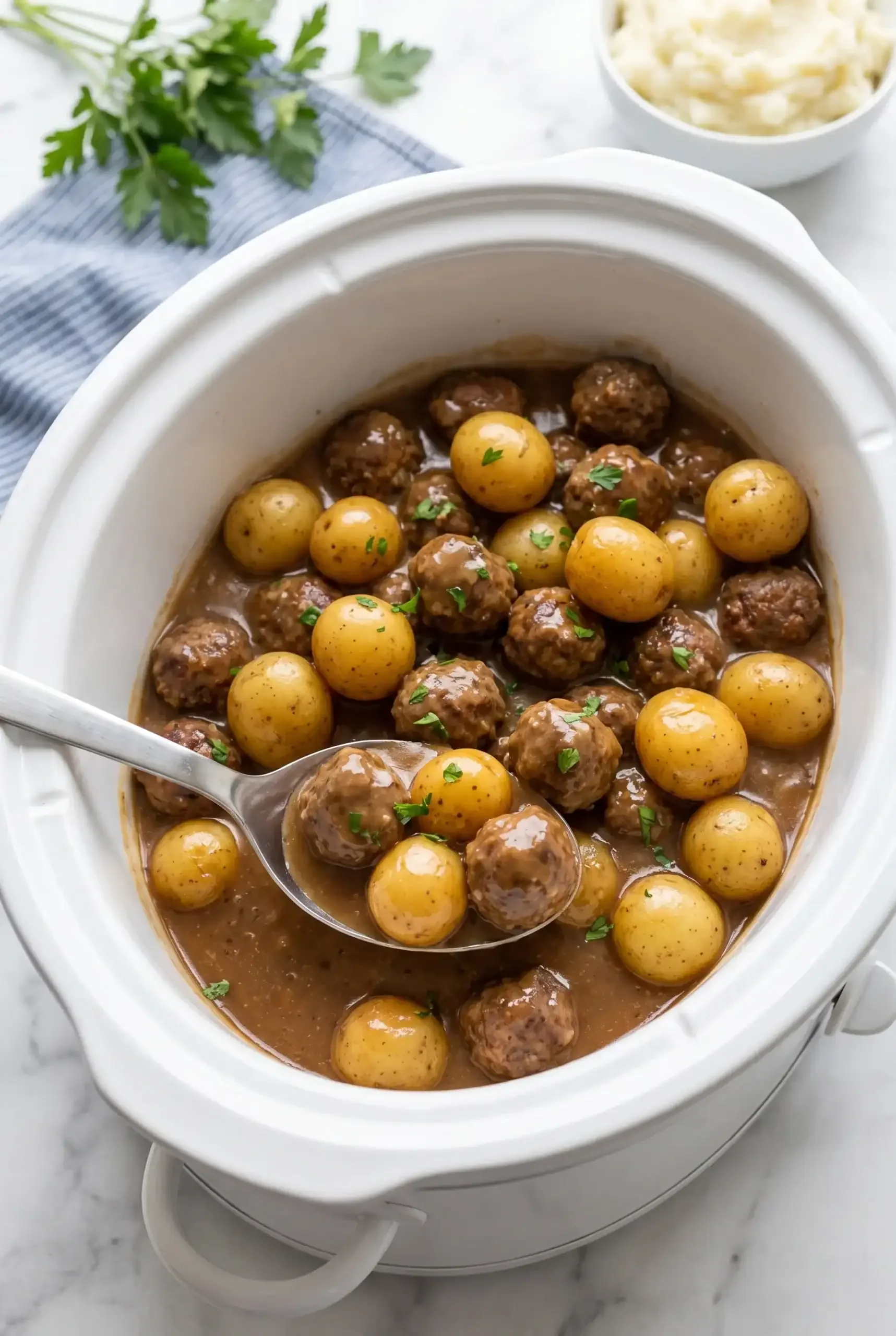 Finished meatballs and potatoes in gravy in the slow cooker