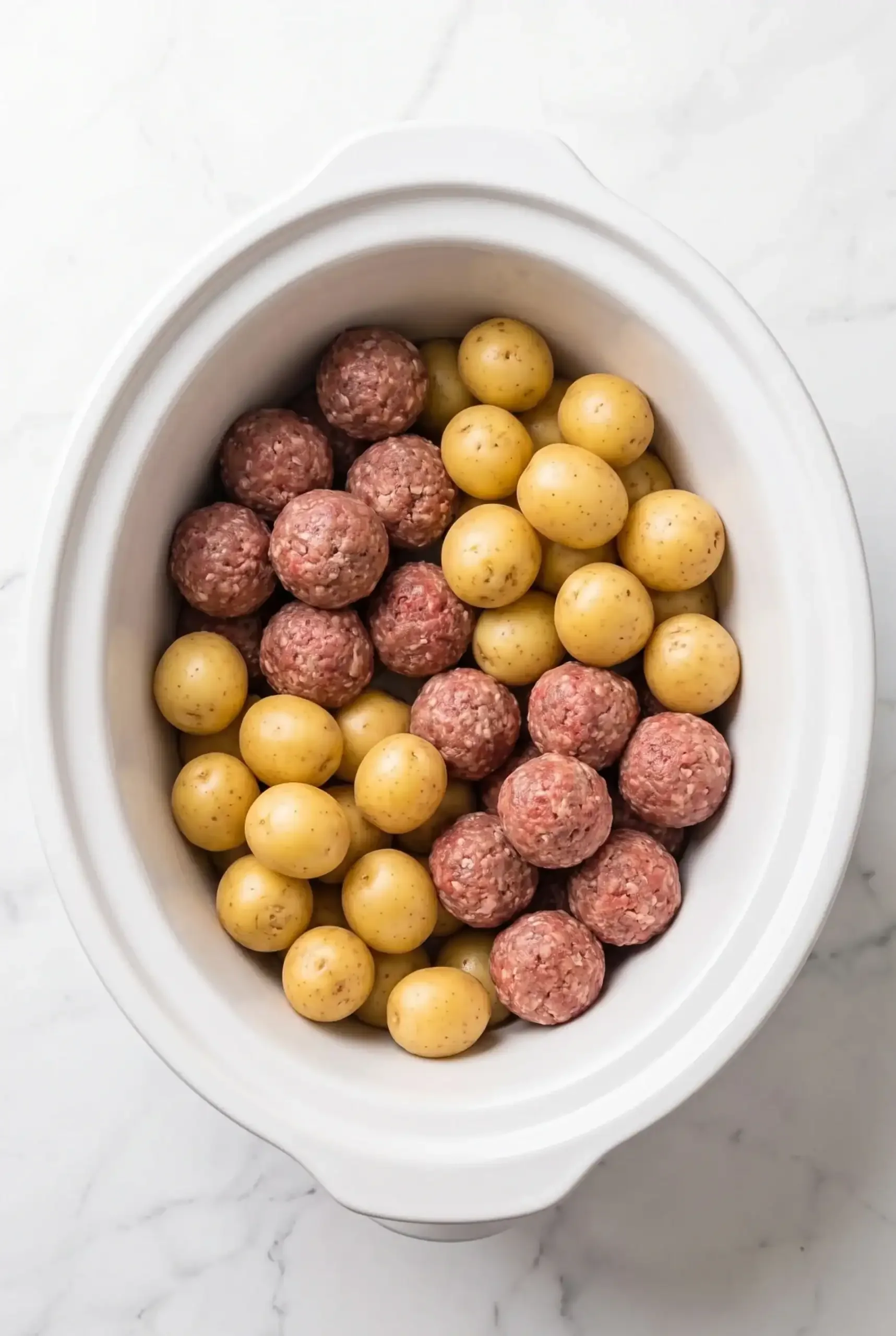 Meatballs and whole potatoes arranged in a slow cooker