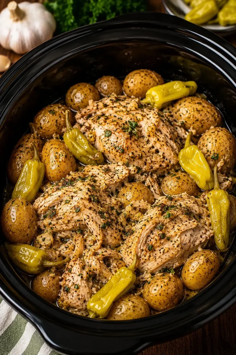 Slow Cooker Mississippi Chicken served with garlic butter and baby potatoes