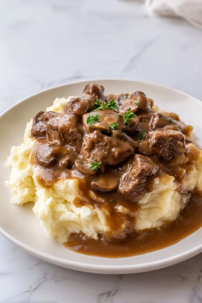 Slow cooker mushroom beef tips dish served with vegetables