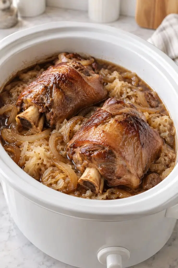 Delicious slow cooker Oktoberfest pork shanks garnished with herbs