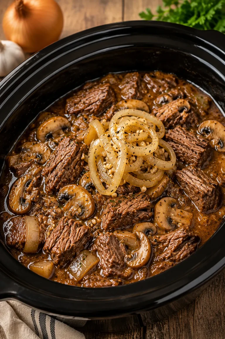 Tender slow cooker onion mushroom beef roast served with rich gravy and caramelized onions.