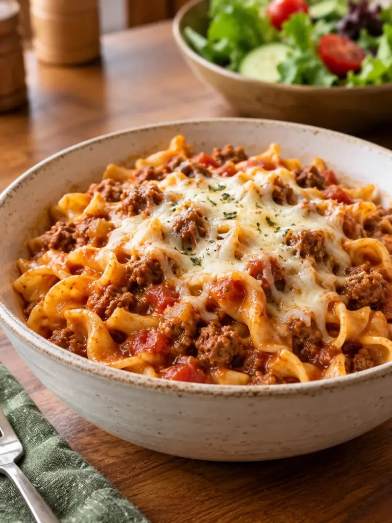 Bowl of slow cooker beef and egg noodle pasta topped with melted mozzarella