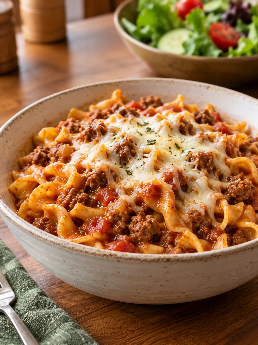 Bowl of slow cooker beef and egg noodle pasta topped with melted mozzarella