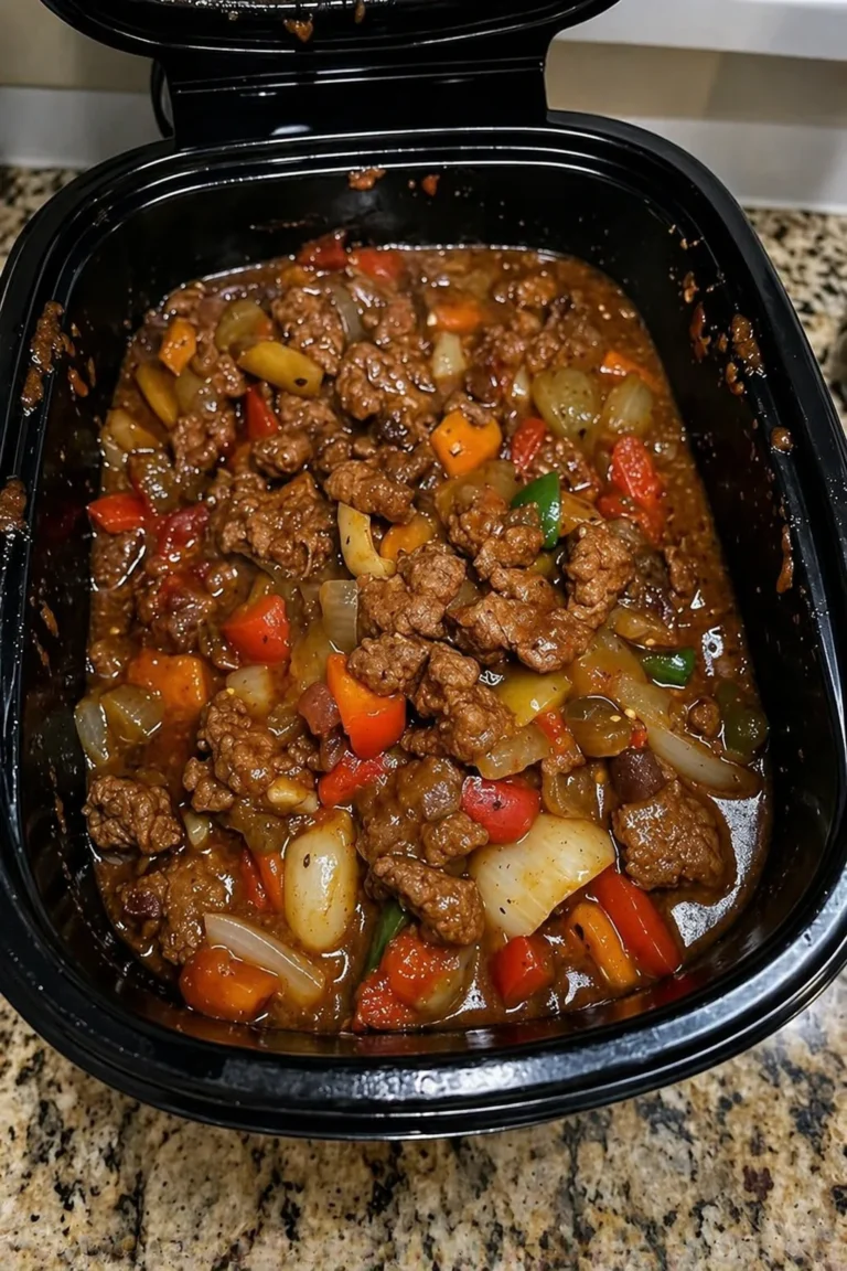 slow cooker pepper steak with tender beef strips and bell peppers in savory sauce