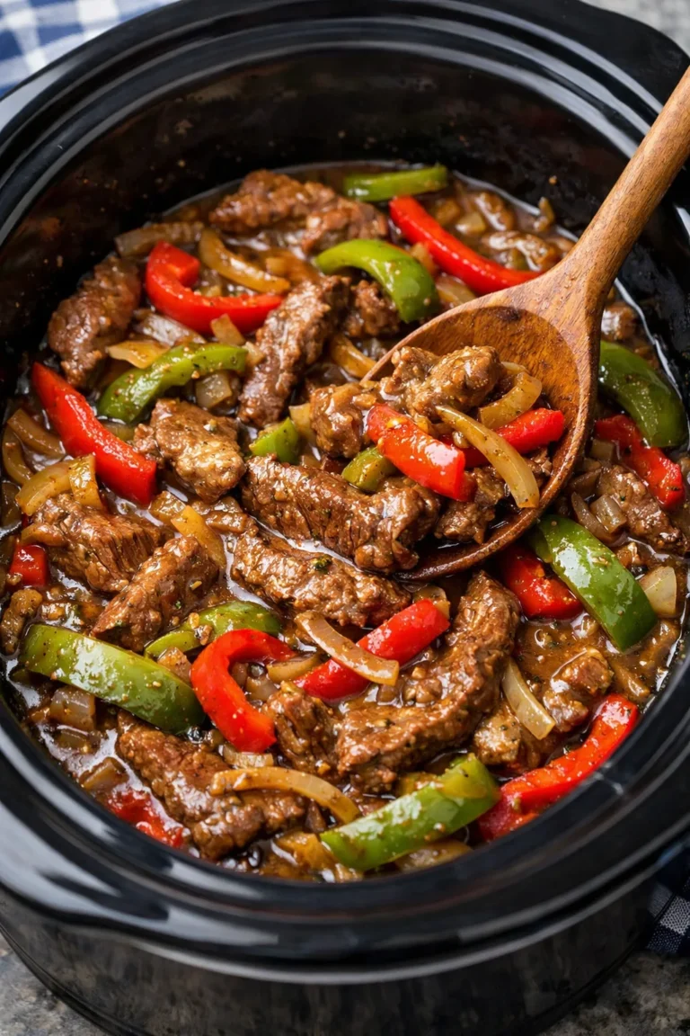 A vertical, top-down shot of a black ceramic slow cooker filled with tender strips of beef, vibrant red and green bell peppers, and sliced onions. The beef is coated in a rich, glossy brown sauce, and the dish is steaming hot. The colorful vegetables are softened but still bright, and the entire meal looks succulent and saucy.